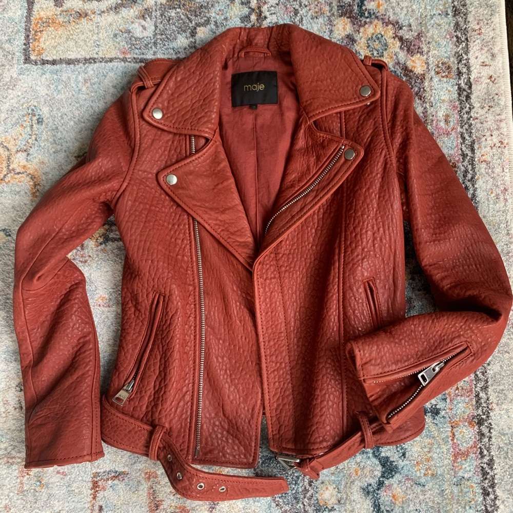 Maje Red Lamb Leather Moto Jacket